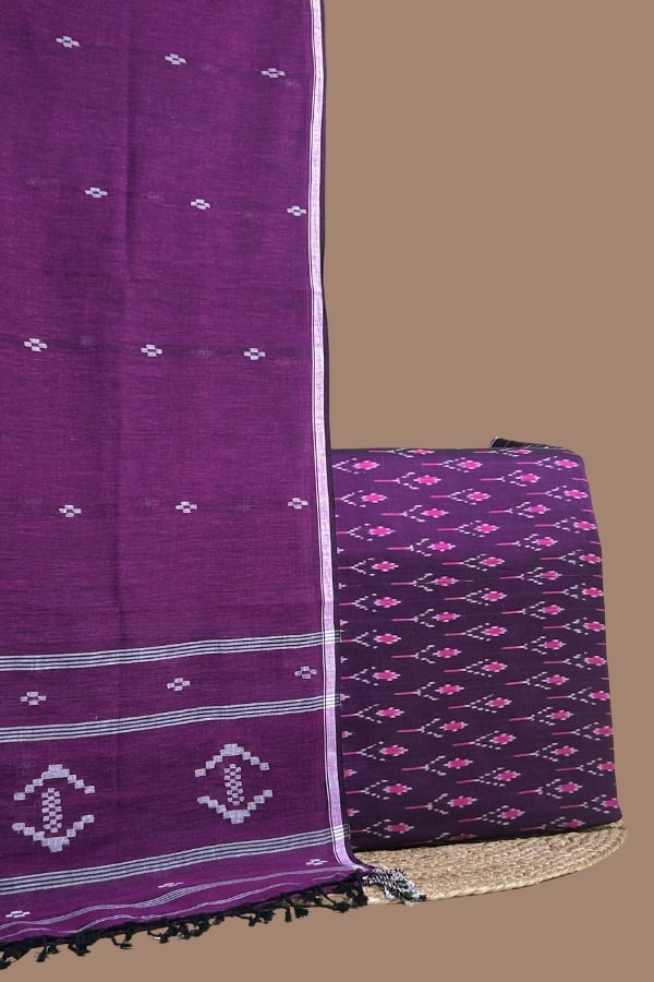 Purple handloom cotton dupatta with white woven motif border