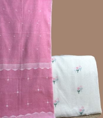Pink handloom cotton dupatta with scalloped star border