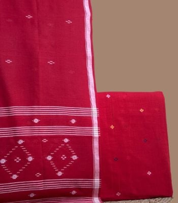 Red handloom cotton dupatta with woven diamond border