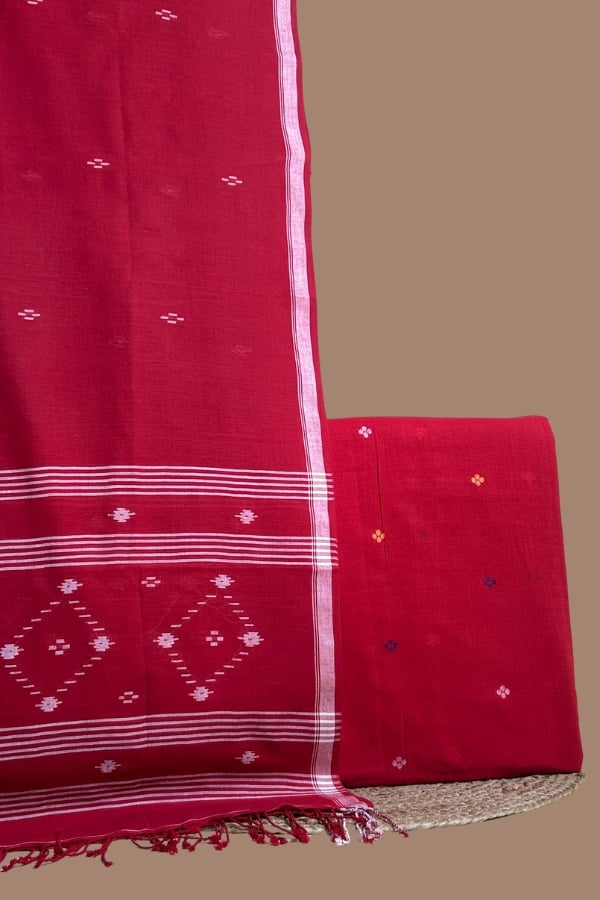 Red - 2pc Handloom Cotton Dupatta and Handloom Jamdani Woven Design Top Fabric Set Red handloom cotton dupatta with woven diamond border