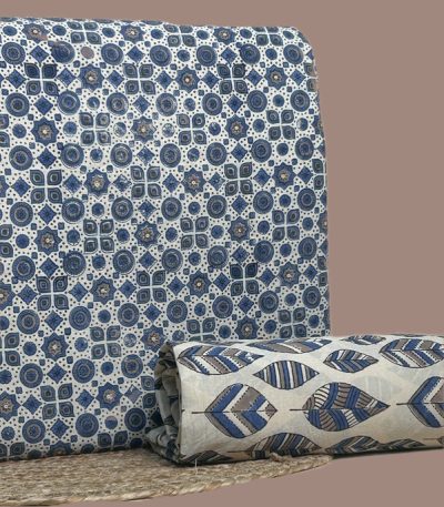 White Ajrakh cotton top with indigo geometric motifs