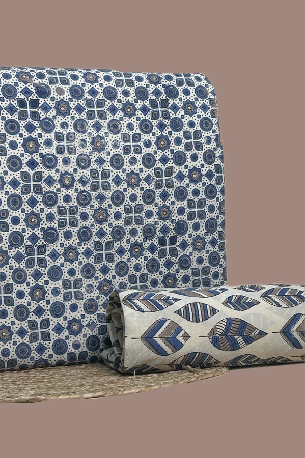 White – 2pc Ajrakh HandCrafted Cotton Top and Bottom Cotton Fabric Set White Ajrakh cotton top with indigo geometric motifs