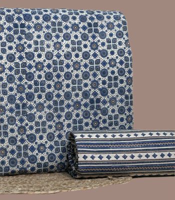 White Ajrakh cotton top with indigo geometric motifs