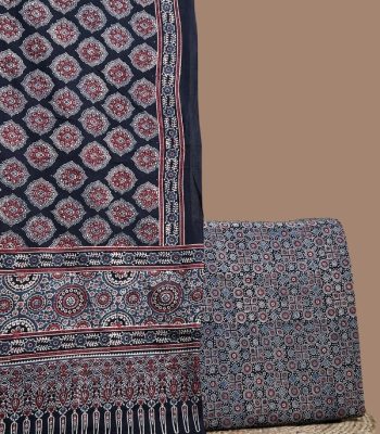 White Ajrakh cotton top with indigo-gray leaf boota