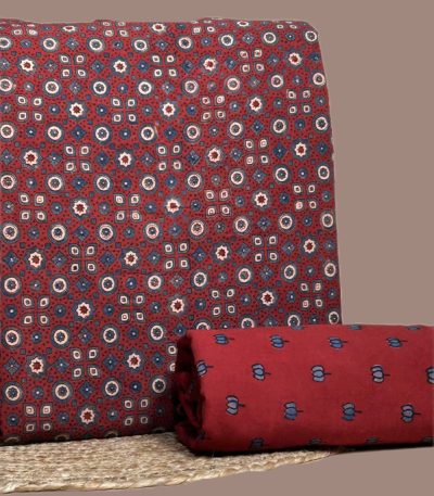 Red Ajrakh cotton top with indigo geometric motifs