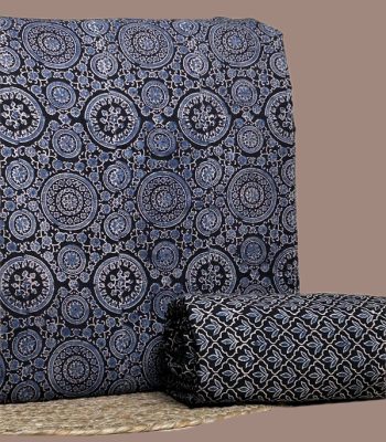 White Ajrakh cotton top with indigo-gray chevron leaves