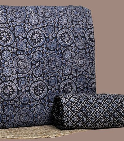 Black Ajrakh cotton top with indigo mandala circles