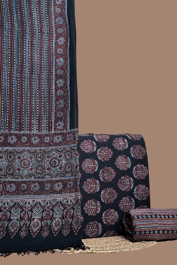 Black – 3pc Ajrakh HandCrafted Cotton Dupatta Black Ajrakh striped dupatta