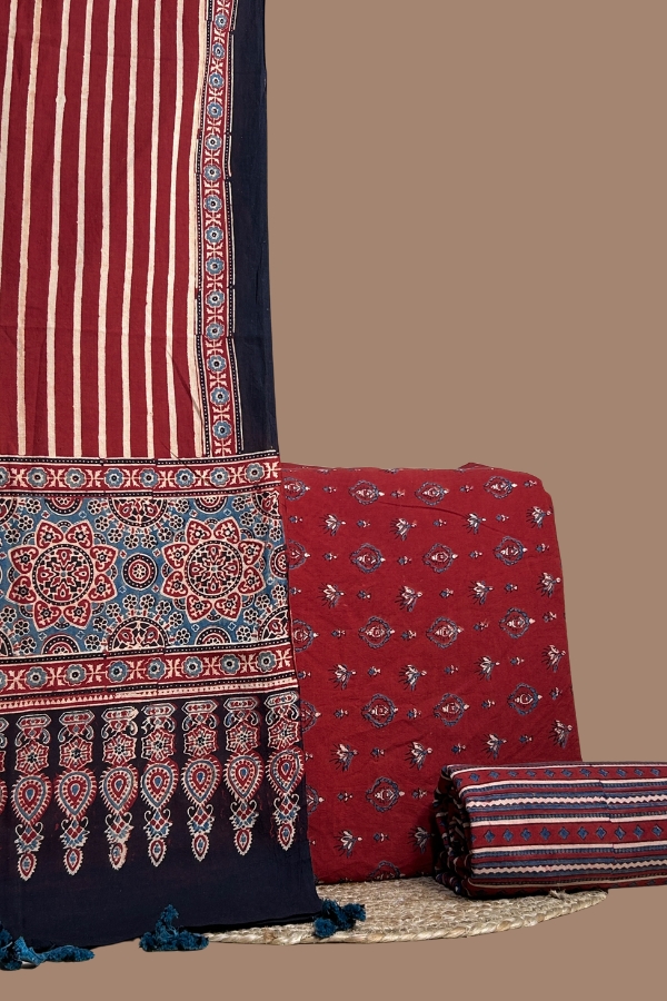 Red – 3pc Ajrakh HandCrafted Cotton Dupatta Red Ajrakh striped dupatta