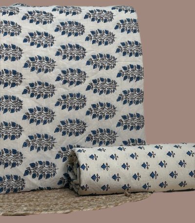White Ajrakh cotton top with indigo-gray leaf boota