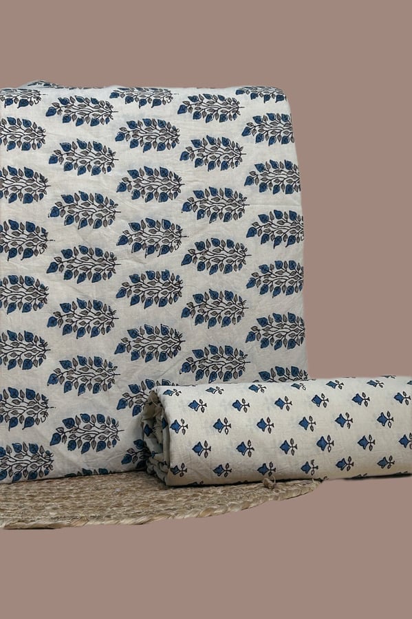 White – 2pc Ajrakh HandCrafted Cotton Top and Bottom Cotton Fabric Set White Ajrakh cotton top with indigo-gray leaf boota