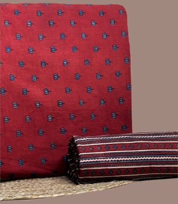 Black Ajrakh cotton top with indigo-red mosaic leaves