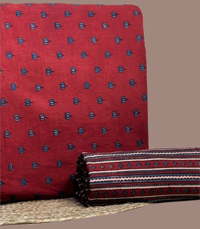 Red Ajrakh cotton top with indigo lotus buti