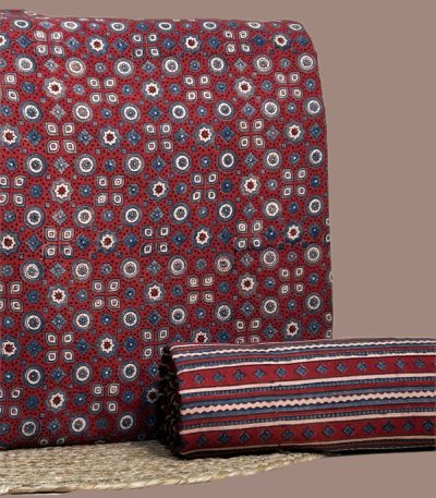 Red Ajrakh cotton top with indigo geometric motifs