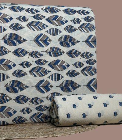 White Ajrakh cotton top with indigo-gray chevron leaves