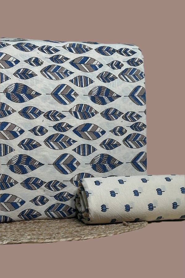 White – 2pc Ajrakh HandCrafted Cotton Top and Bottom Cotton Fabric Set White Ajrakh cotton top with indigo-gray chevron leaves