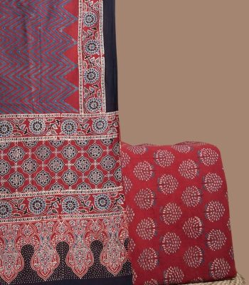 Black Ajrakh floral dupatta with geometric border