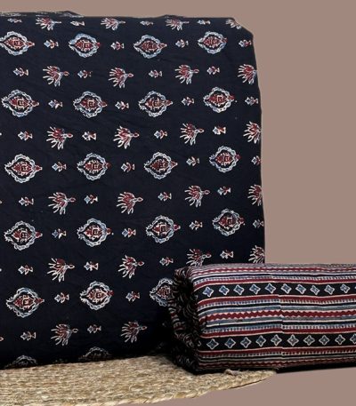 Black Ajrakh cotton top with red-indigo buti motifs