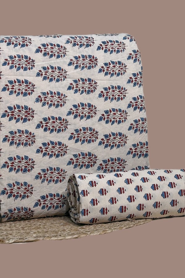 White – 2pc Ajrakh HandCrafted Cotton Top and Bottom Cotton Fabric Set White Ajrakh cotton top with red-indigo leaf boota
