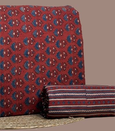 Red Ajrakh cotton top with indigo floral buti