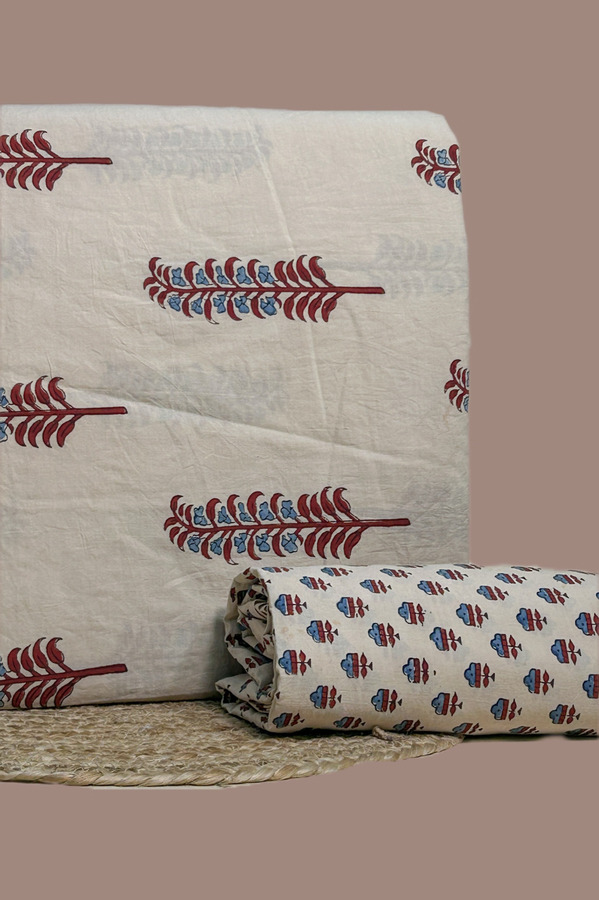 White Ajrakh cotton top with red-indigo fern boota