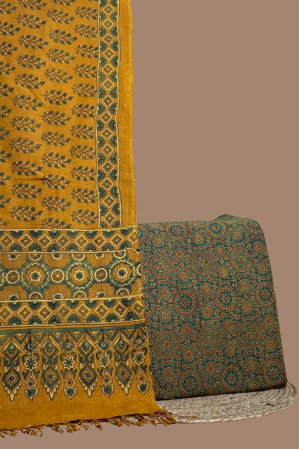Mustard Ajrakh leaf-boota dupatta with geometric border
