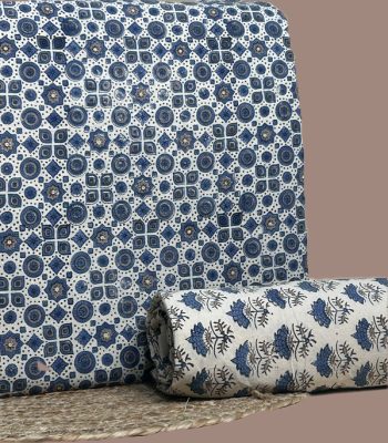 White Ajrakh cotton top with indigo lotus buti