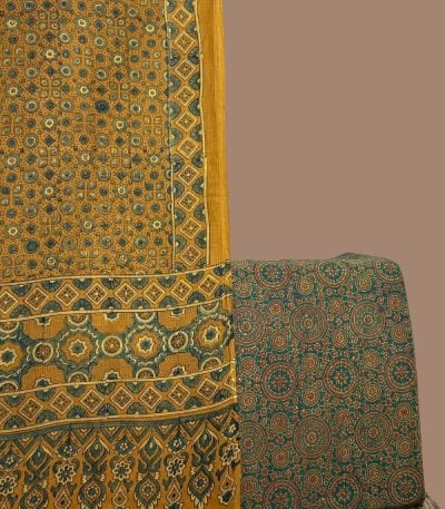 Mustard Ajrakh geometric dupatta with ornate border