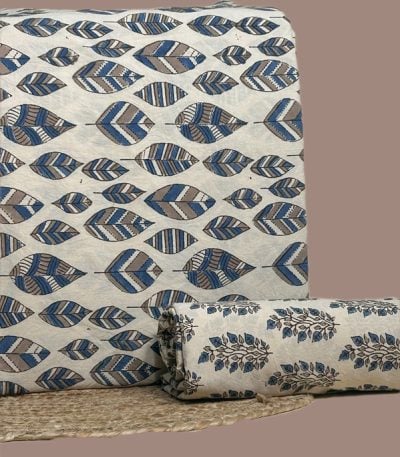 White Ajrakh cotton top with indigo-gray chevron leaves