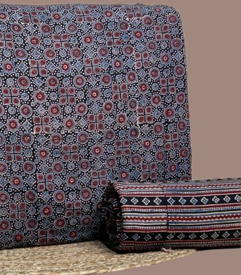 Black Ajrakh cotton top with red-indigo geometric motifs
