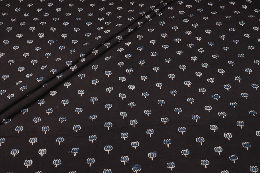 Charcoal Black Indigo Tulip Buti Ajrakh Pure Soft Cotton HandCrafted Fabric Authentic Natural Dye