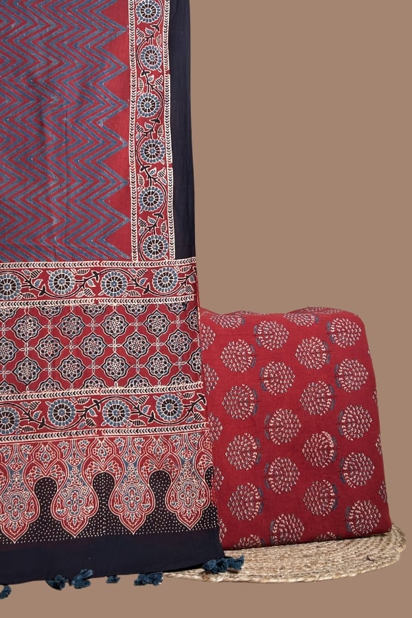 Red Ajrakh chevron dupatta with ornate pallu