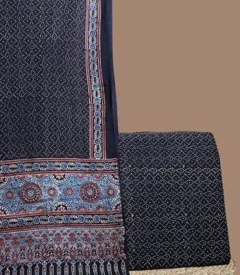 Black Ajrakh dotted dupatta with indigo medallion pallu