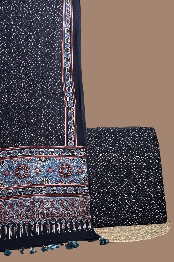Black Ajrakh dotted dupatta with indigo medallion pallu