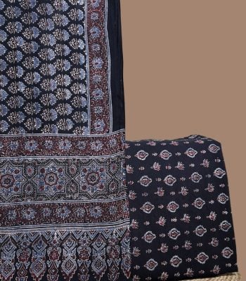 Black Ajrakh floral buti dupatta with geometric pallu