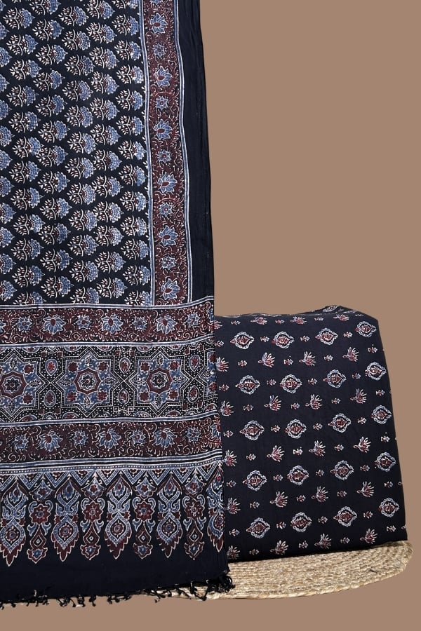 Black - 2pc Ajrakh Dupatta and Ajrakh Handblock Top Fabric Set Black Ajrakh floral buti dupatta with geometric pallu