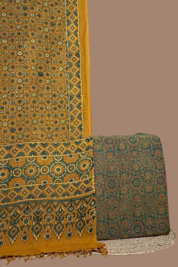 Green - 2pc Ajrakh Dupatta and Ajrakh Handblock Top Fabric Set Mustard Ajrakh geometric dupatta paired with deep green Ajrakh medallion print top.