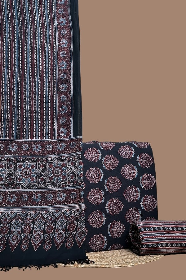 Black - 3pc Ajrakh Dupatta with Ajrakh Handblock Top & Bottom Set Black Ajrakh striped dupatta with black Ajrakh floral top and striped Ajrakh bottom.