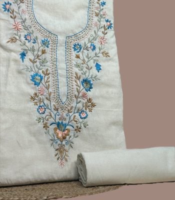 Cream handloom top with blue and pastel floral embroidered neck