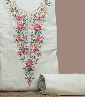 Cream handloom top with pink paisley floral embroidered neck