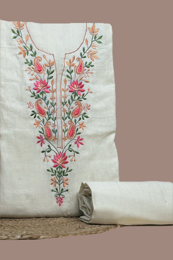 White – 2Pc Handloom Embroidered Neck Design Soft Cotton Top (3m) Bottom (2.5m) Fabric Set Cream handloom top with pink paisley floral embroidered neck
