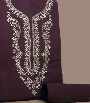 Wine red handloom top with ivory leaf vine embroidered neck