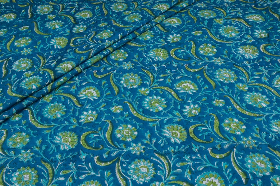 Teal Green Floral Jaal Pure Soft Cotton HandBlock Printed Fabric Authentic HandBlock Sanganeri Printed