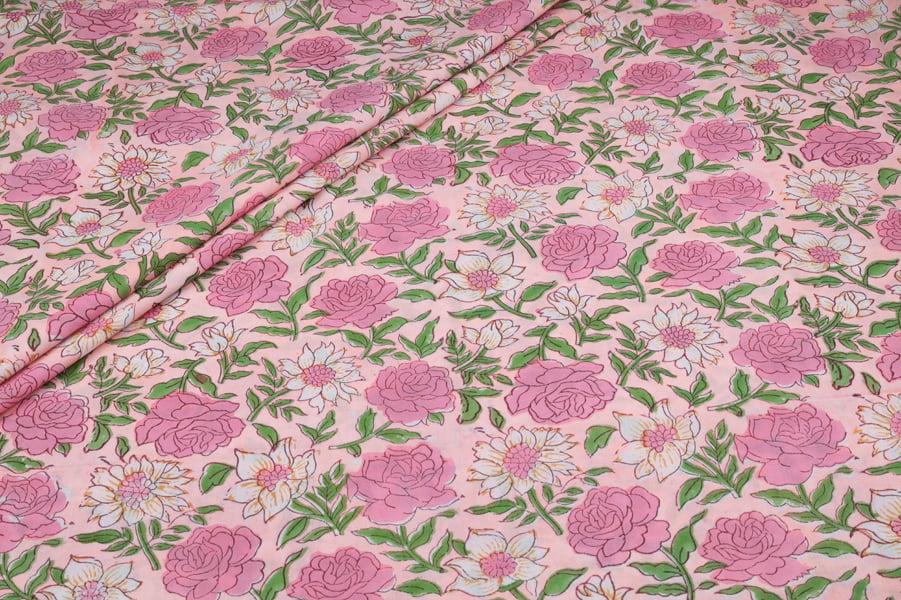 Baby Pink Rose Jaal Pure Soft Cotton HandBlock Printed Fabric Authentic HandBlock Sanganeri Printed