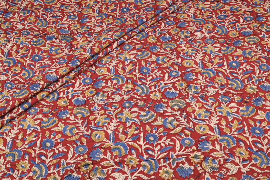 Red Blue Floral Jaal Pure Soft Cotton HandBlock Printed Fabric Authentic HandBlock Sanganeri Printed